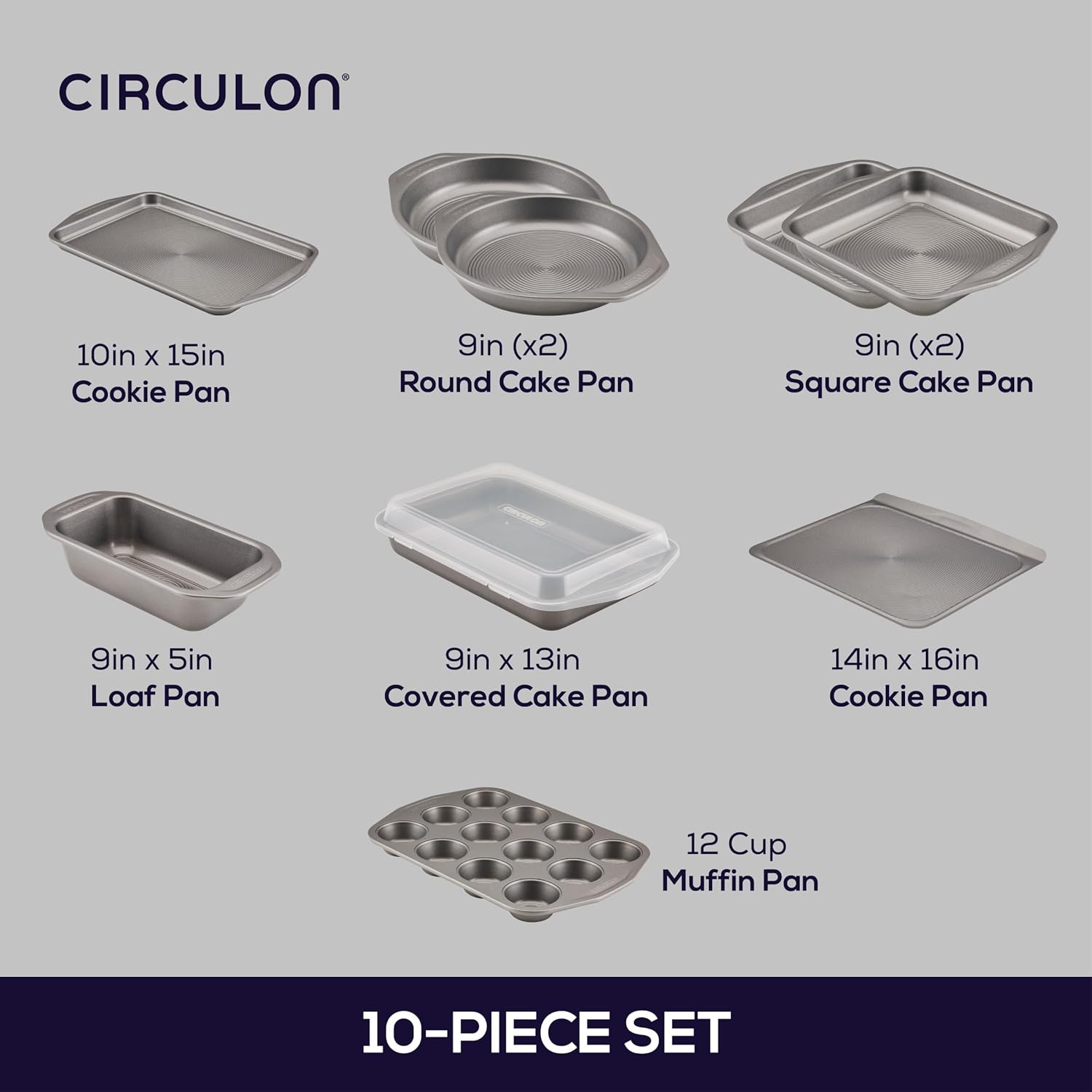 Circulon Total Nonstick Bakeware Set, Metal Baking Pans Set, 10-Piece, Gray