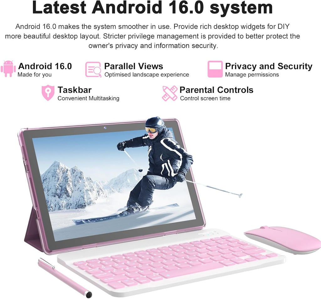 Android 16 Tablet 10 Inch, 12(3+9) GB RAM+64GB ROM, 2 in 1 Tablets with Keyboard Case Mouse Stylus, 2.0GHz Five-core Processor, 1280 * 800 IPS HD Screen, 5G WiFi6 BT 5.3 Tableta PC(Pink)