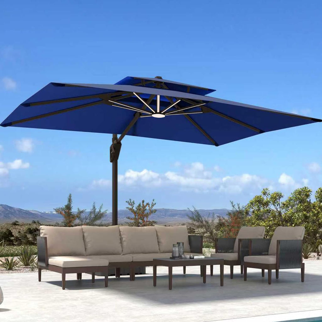 10' X 13' Patio Umbrella with LED Lights Outdoor Cantilever Large Rectangle Offset Umbrellas Heavy Duty Aluminum Double Top with 360-degree Rotation for Pool Garden Deck, Navy