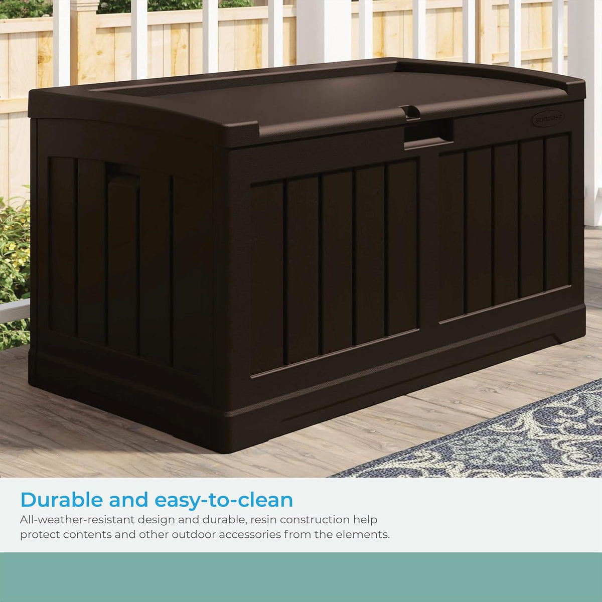 Suncast 50 Gallon Medium Capacity All Weather Construction Resin Outdoor Storage Deck Box with Bench Seat and Lid for Patio, Garden, or Pool, Java