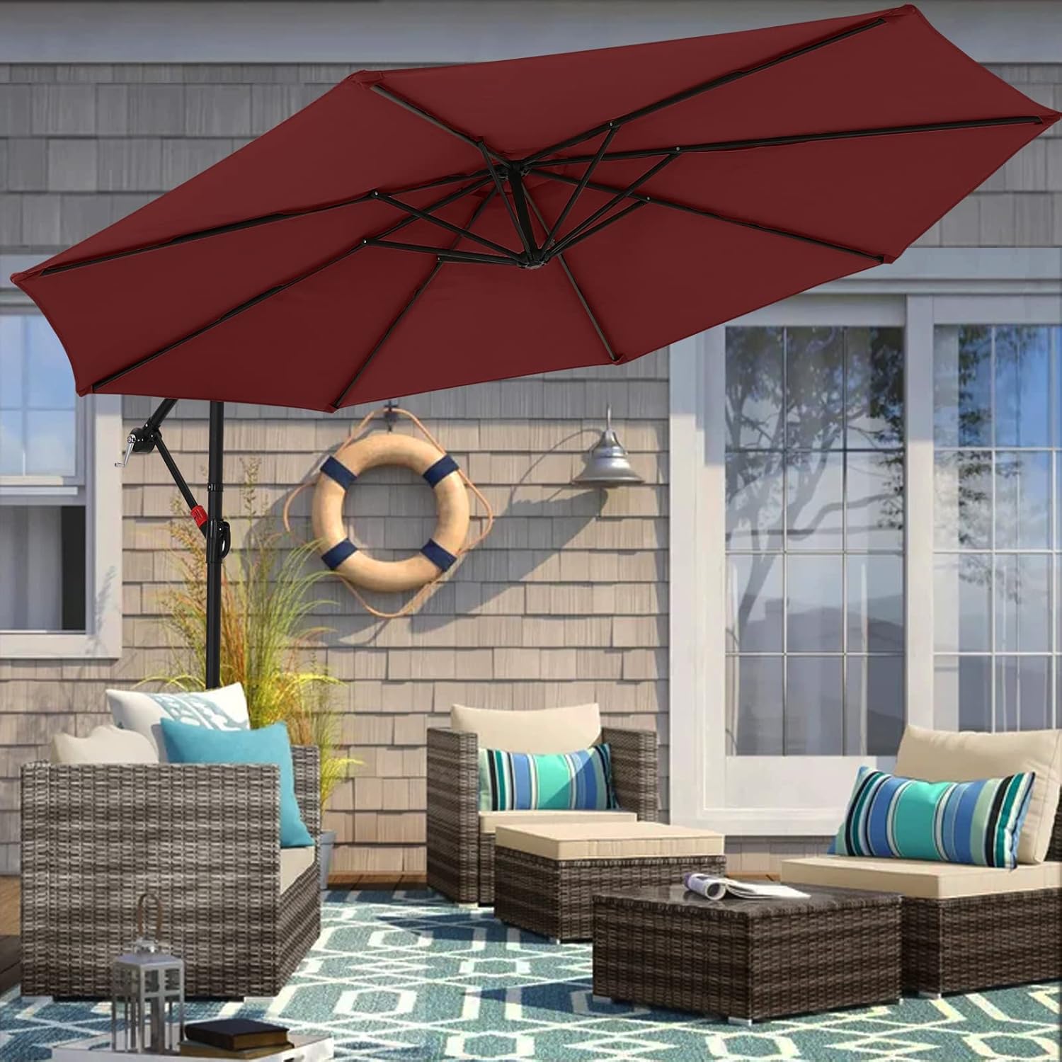 MASTERCANOPY 10FT Patio Umbrella,Outdoor Offset Cantilever Umbrella with Crank and Cross Base (Burgundy)
