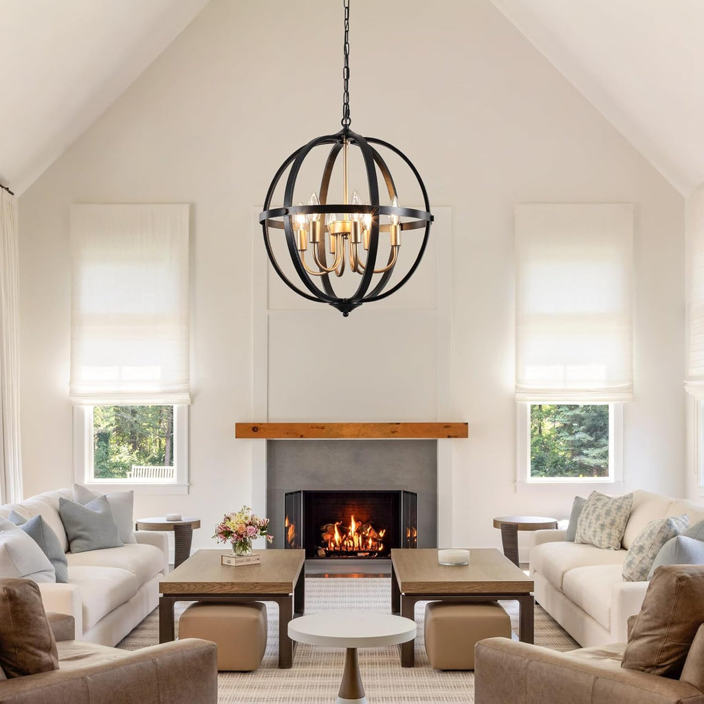 17.12'' Black and Gold Chandelier for Dining Room, 6-Light Modern Farmhouse Globe Chandelier, Metal Industrial Orb Pendant Light Adjustable Entryway Light Fixture for Kitchen Island Foyer