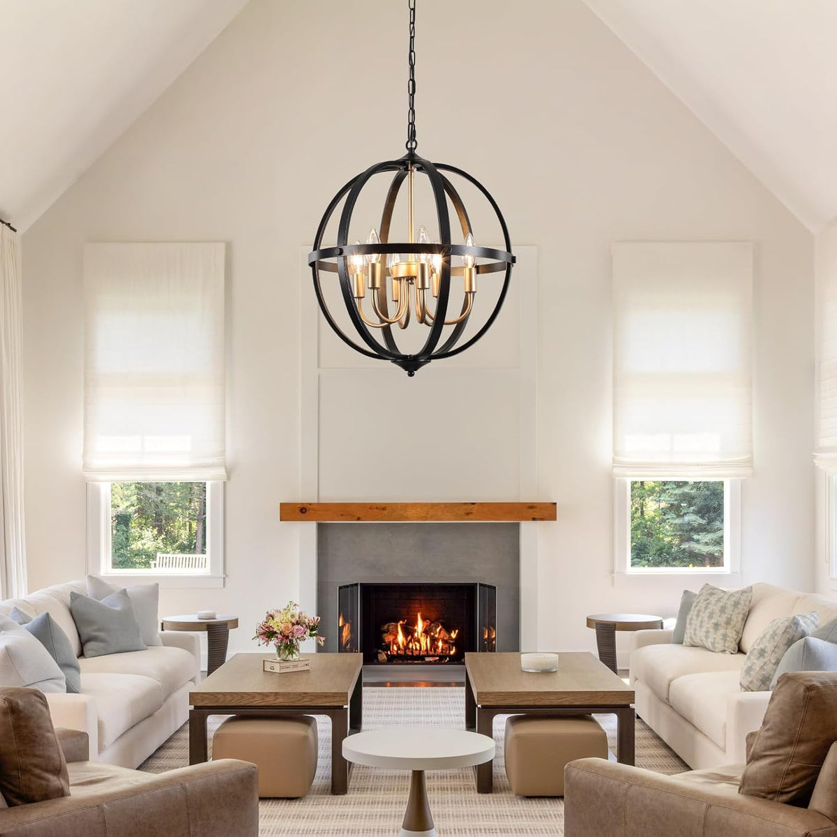 17.12'' Black and Gold Chandelier for Dining Room, 6-Light Modern Farmhouse Globe Chandelier, Metal Industrial Orb Pendant Light Adjustable Entryway Light Fixture for Kitchen Island Foyer