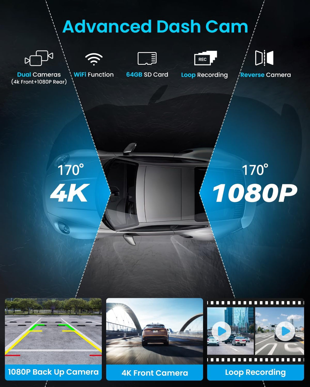 Portable Apple Carplay Screen, 10'' Car Stereo Wireless Car Play & Android Auto Touch Screen, 4K Dash Cam, 1080P Backup Camera, Mirror Link/Voice Control/Music Play/GPS Navigation