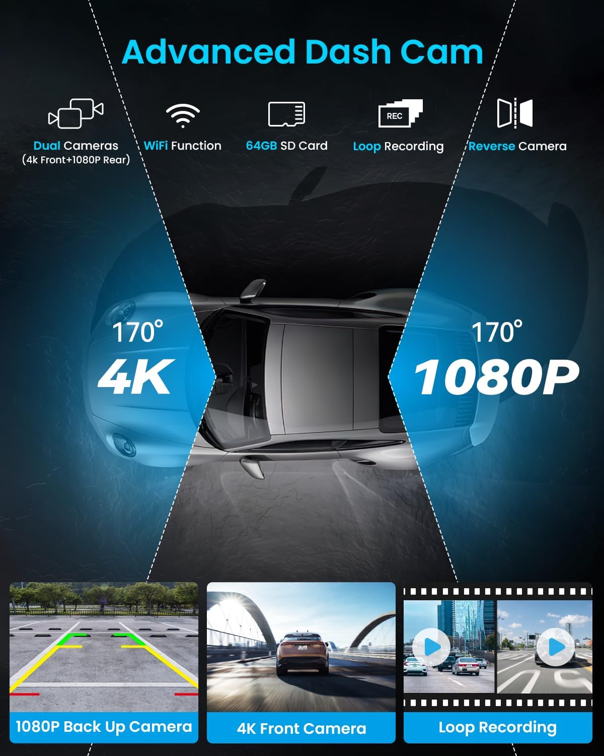 Portable Apple Carplay Screen, 10'' Car Stereo Wireless Car Play & Android Auto Touch Screen, 4K Dash Cam, 1080P Backup Camera, Mirror Link/Voice Control/Music Play/GPS Navigation
