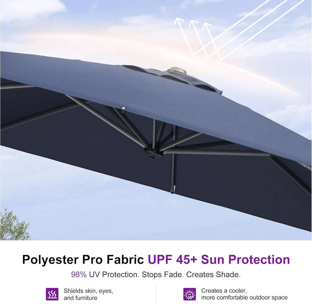 PURPLE LEAF 9' X 11.5' Cantilever Outdoor Rectangle Umbrella Patio Umbrella with Base Offset Umbrella with 360-degree Rotation for Garden Pool Deck Patio Navy Blue