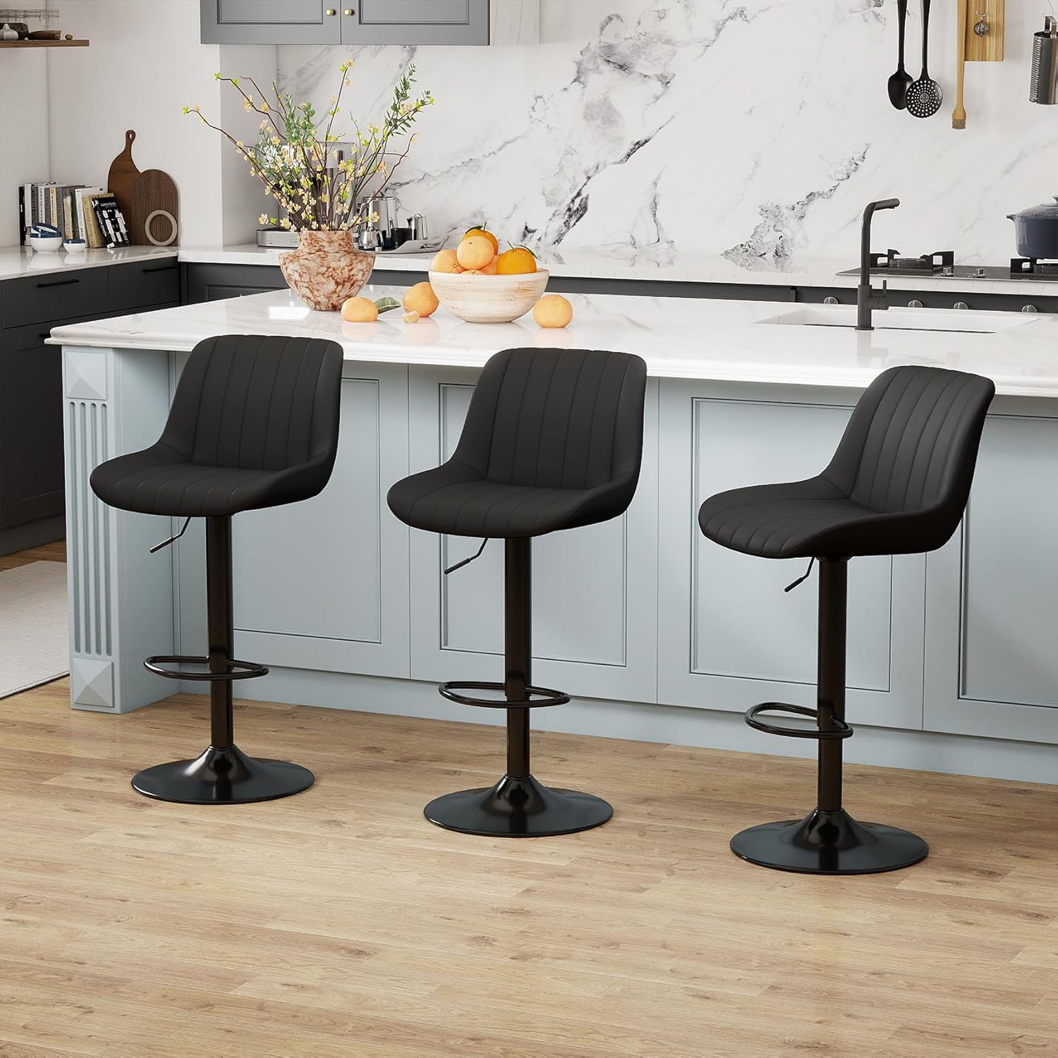 Youhauchair Bar Stools Set of 3, Swivel Counter Height Barstools with Back, Adjustable PU Leather Bar Chairs, Modern Armless Kitchen Island Stool, Black