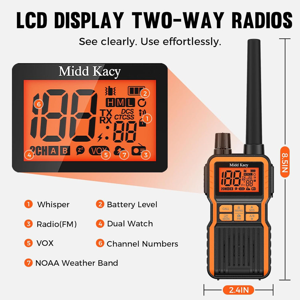 Midd Kacy Walkie Talkies, 60 Channel GMRS Handheld Waterproof Hunting Two Way Radio with 121 Privacy Codes, SOS, NOAA Weather Alerts, VOX, Channel Scanning, 4 Pack (Black/Orange)