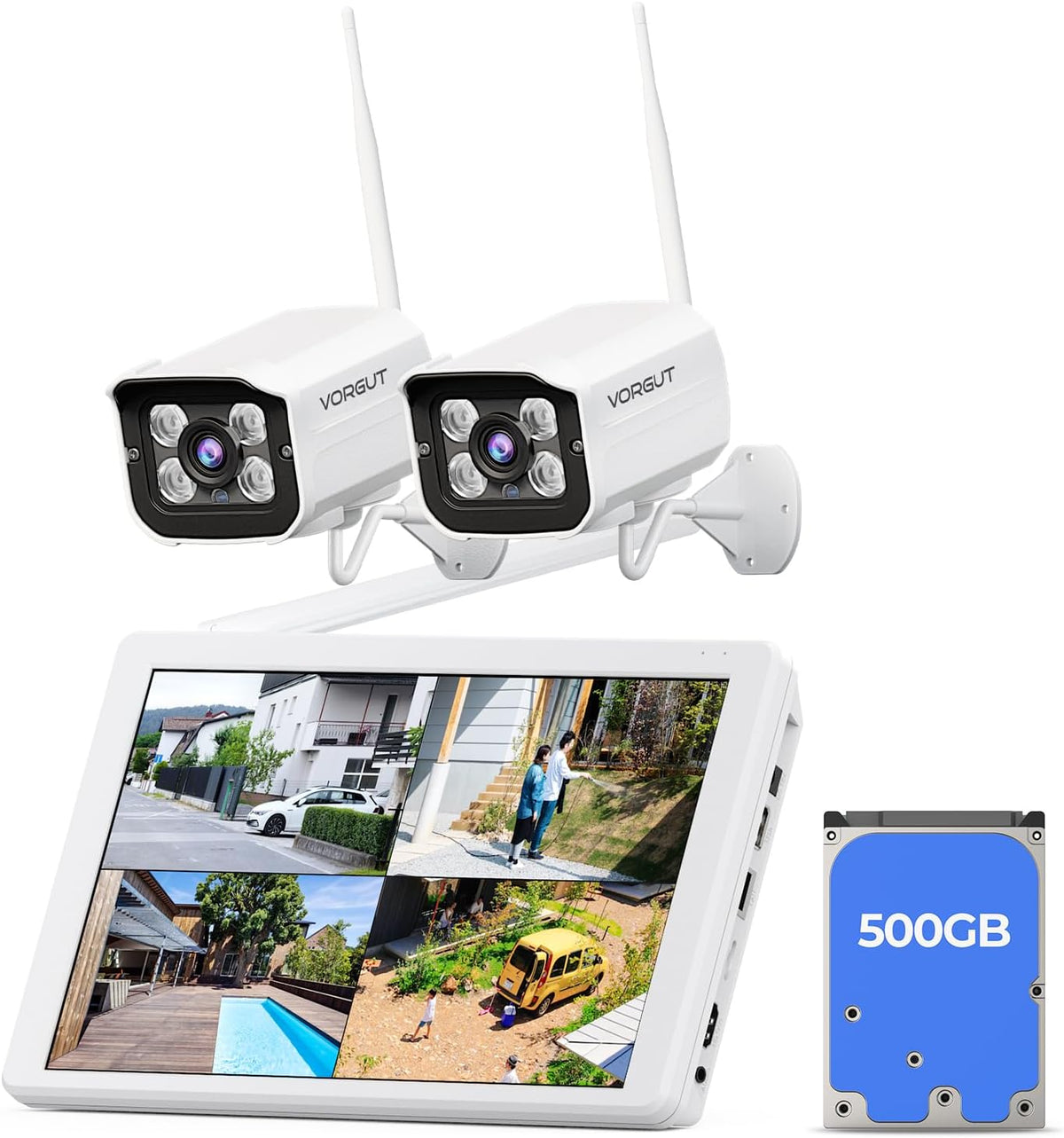 Wireless Security Camera System with 10" LCD Monitor, 2PCS 3MP Bullet Outdoor Camera Metal Shell for Home Surveillance, 10CH NVR with 500G HDD, 24/7 Record,Human Detection,No Monthly Fee