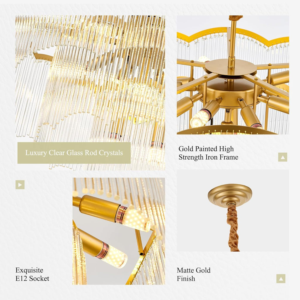 27.75" Gold Clear Glass Crystal Chandelier 14-Light Modern Crystal Pendant Ceiling Light Fixture 4-Tier Luxury Glass Chandeliers,for Dining Room Kitchen Island Living Room Bedroom