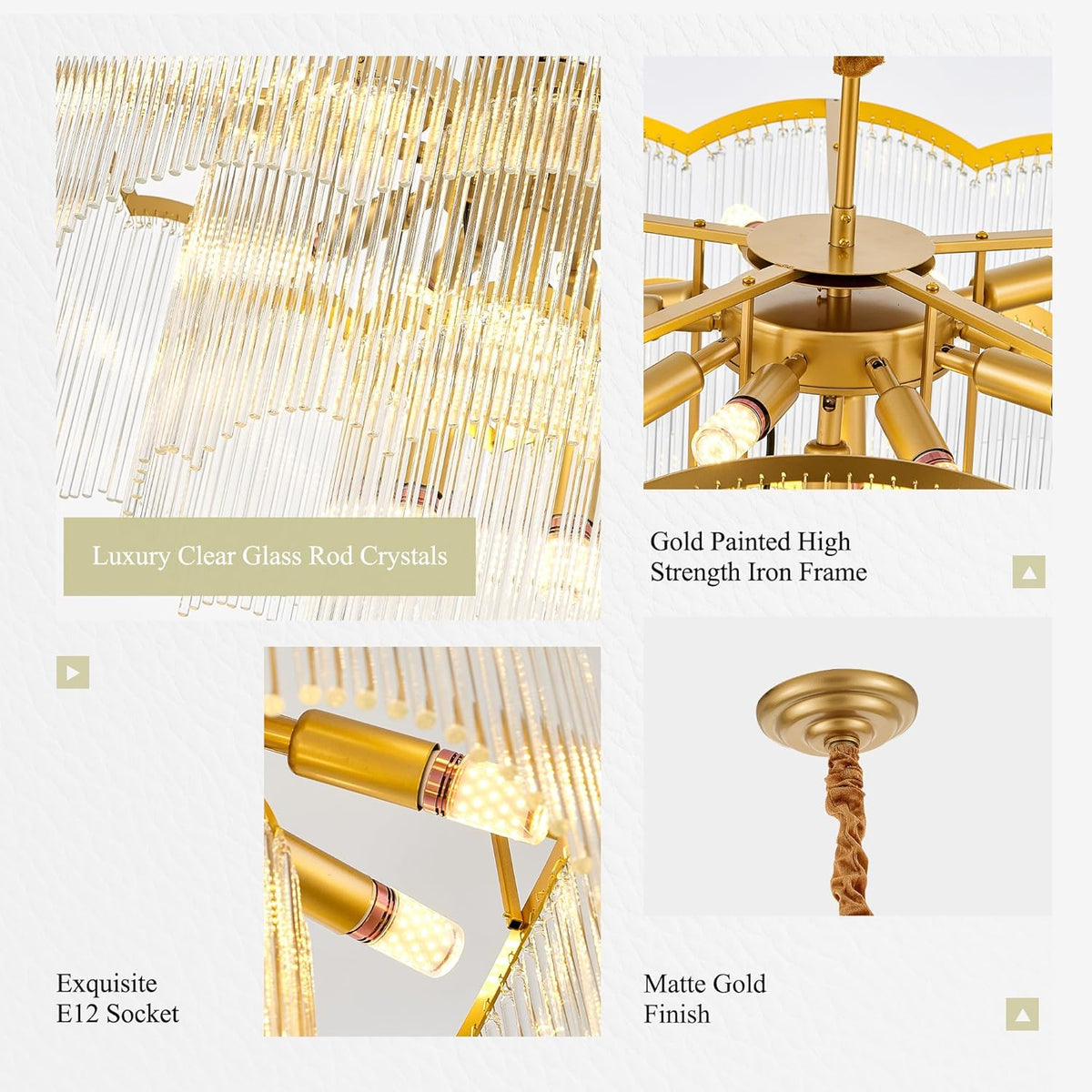 27.75" Gold Clear Glass Crystal Chandelier 14-Light Modern Crystal Pendant Ceiling Light Fixture 4-Tier Luxury Glass Chandeliers,for Dining Room Kitchen Island Living Room Bedroom