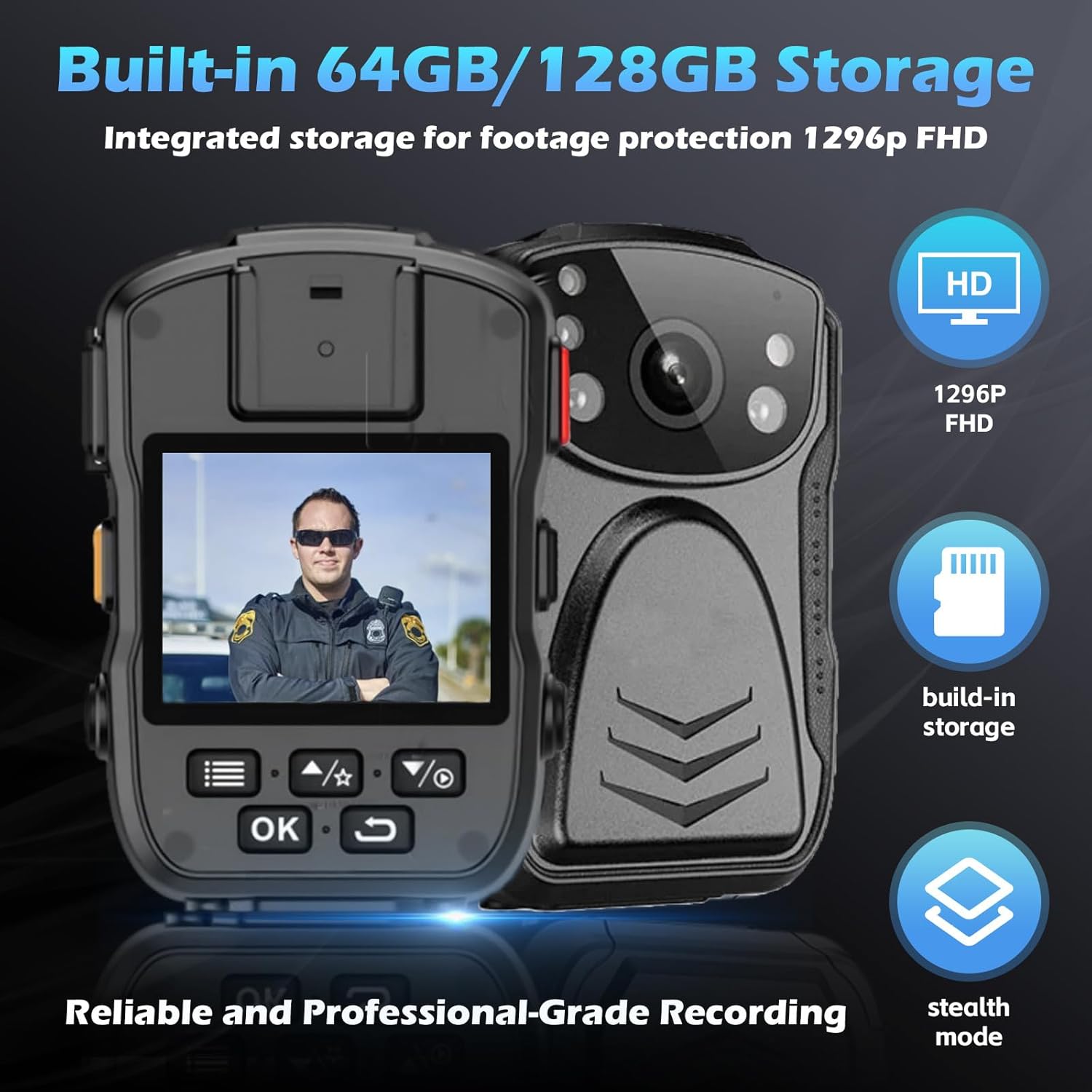 PatrolMaster 1296P UHD Body Camera with Audio, 2 Inch Display, Night Vision, Waterproof, Shockproof, Body Worn with Compact Design, Police Use (64GB)