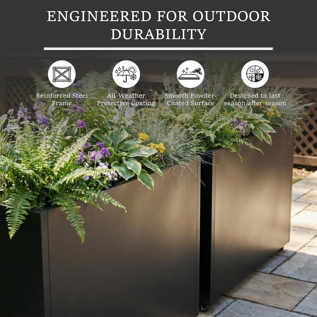 Metal Planter Box with Wheels, 36" Large Rolling Outdoor Planter with Drainage & Removable Shelf, Rectangular Planter Raised Garden Bed for Patio, Balcony, Porch & Backyard, Black