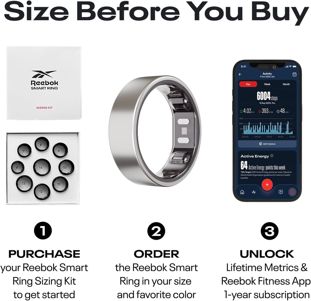 Reebok Smart Ring for Women or Men - Matte Black, Size 14 Fitness Ring - The Next Generation of Wearable Technology - Fitness and Sleep Tracker - Monitors Wellbeing and Recovery