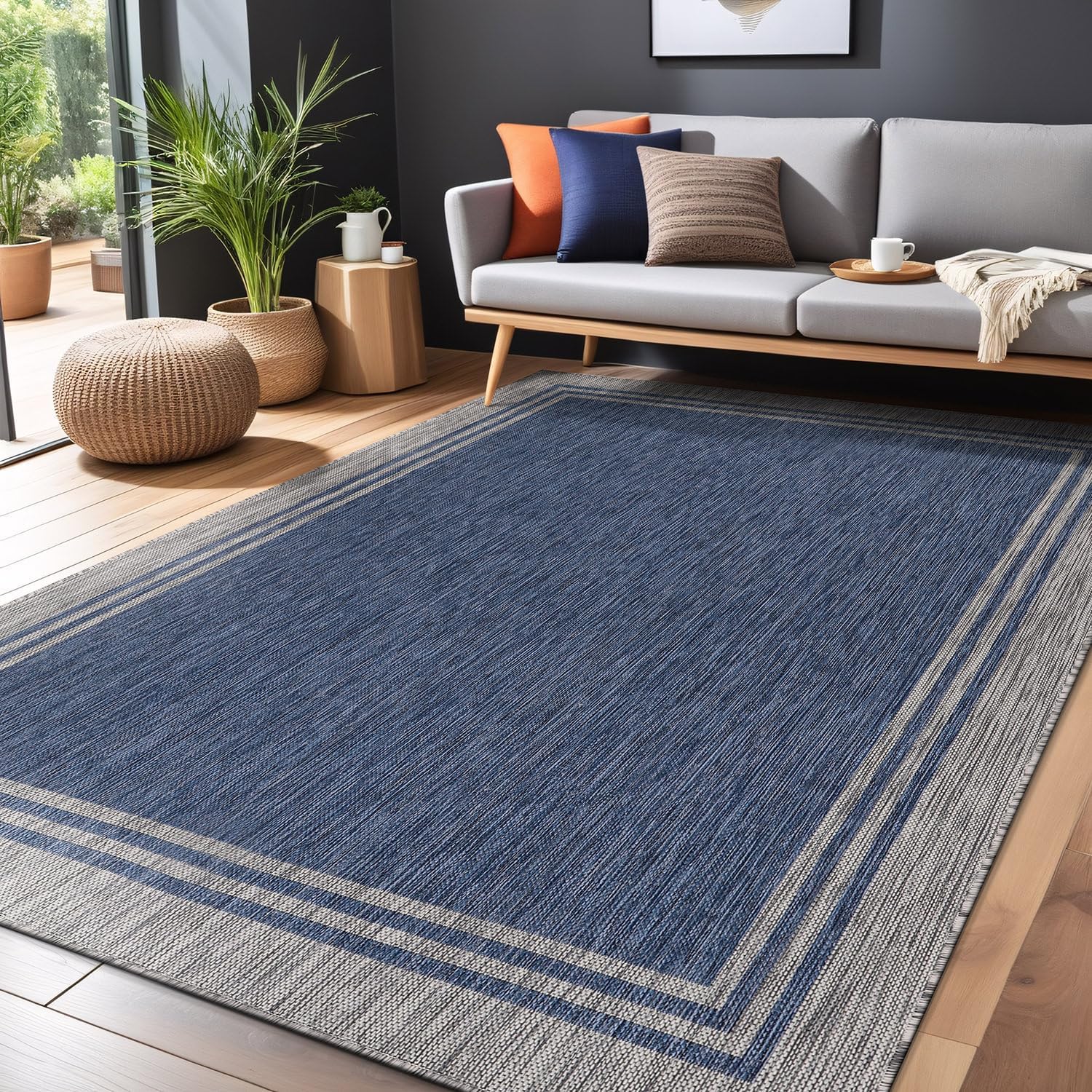 Luul Home Bordered Outdoor Rug 10x14 Washable Outside Carpet for Indoor Patio Porch Waterproof Easy Cleaning Non Shedding Area Rugs Navy 10 x 14
