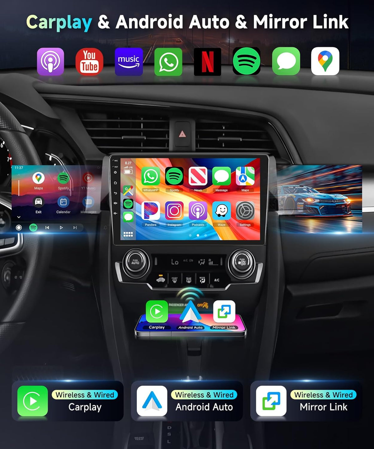 5Ghz Wifi 2G+64G for Honda Civic 2016-2020 Radio,【Android 15 Build-in DSP EQ】Car Stereo with 5.0Bluetooth,Wireless Carplay Android Auto,9inch IPS Touch Screen,IP69k Backup Camera,26UIs,GPS Chip,FM/RDS