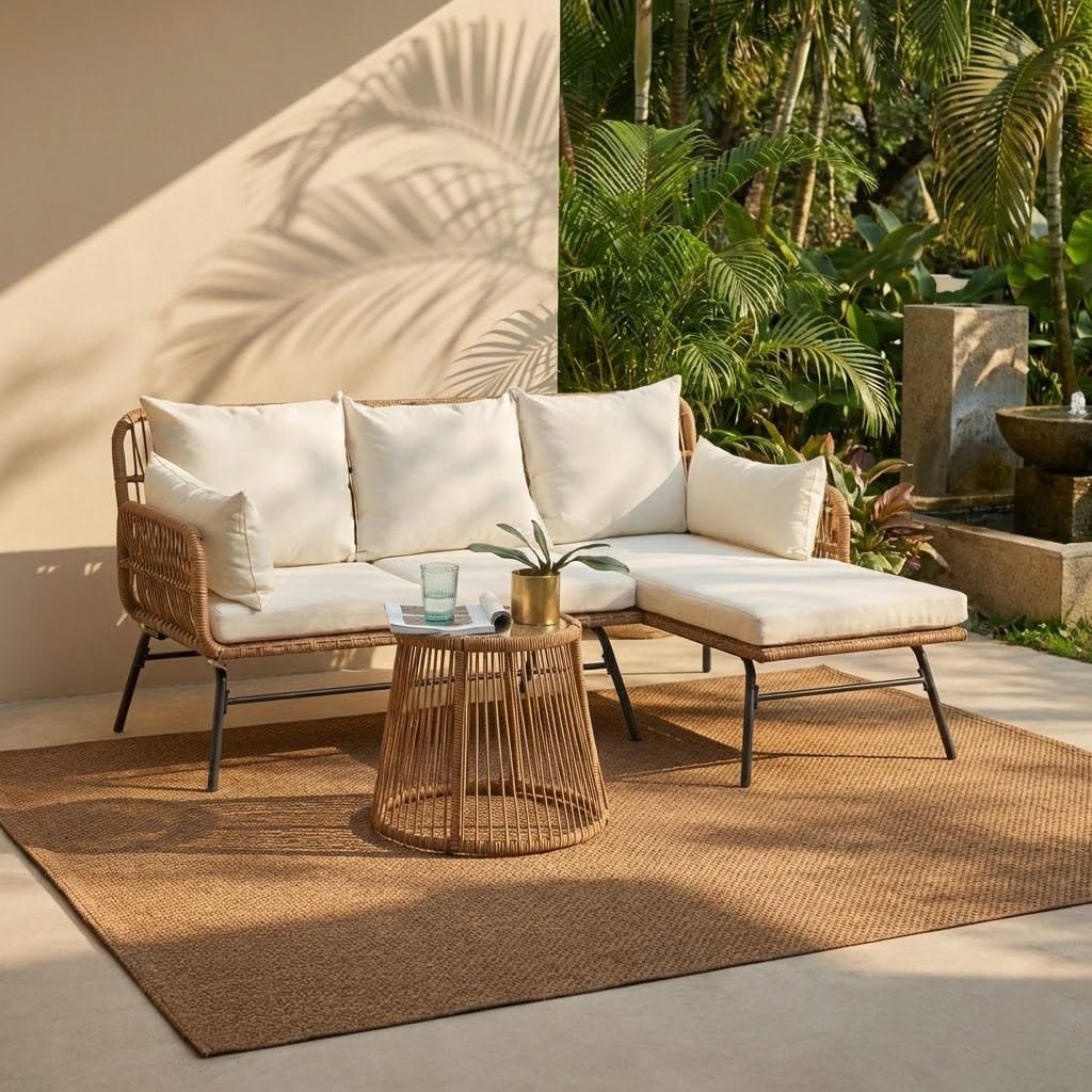 Bezseller 3-Piece Outdoor Patio Furniture Set, L-Shaped Rattan Sectional Sofa with Thick Cushions, Glass Coffee Table – All-Weather Conversation Set for Backyard, Porch, Poolside