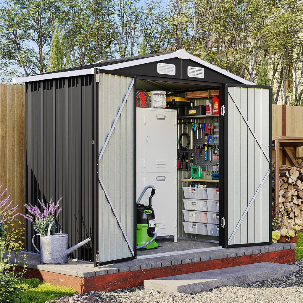 6x4FT Outdoor Storage Shed, Metal Garden Tool Shed with Sloping Roof & Lockable Door for Patio Lawn Backyard (Black, 6x4FT)