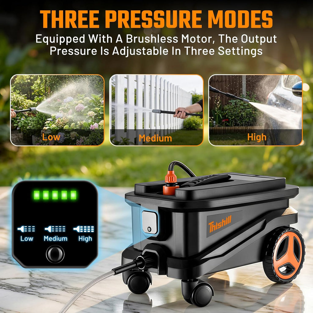 This Hill Cordless Pressure Washer with Water Tank, 2000 PSI Portable Power Washer, Brushless Motor, Dual 21V 4.0Ah Batteries, 3 Pressure Modes, Foam Cannon for Cars, Patio & Camping