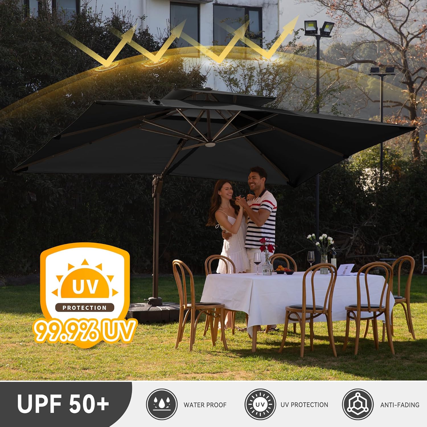 10 X 13 FT Cantilever Outdoor Patio Umbrella with LED Lights Large Heavy Duty 360° Rotation Double Top Offset Rectangular Umbrellas for Backyard Garden Pool Outside Deck, Black