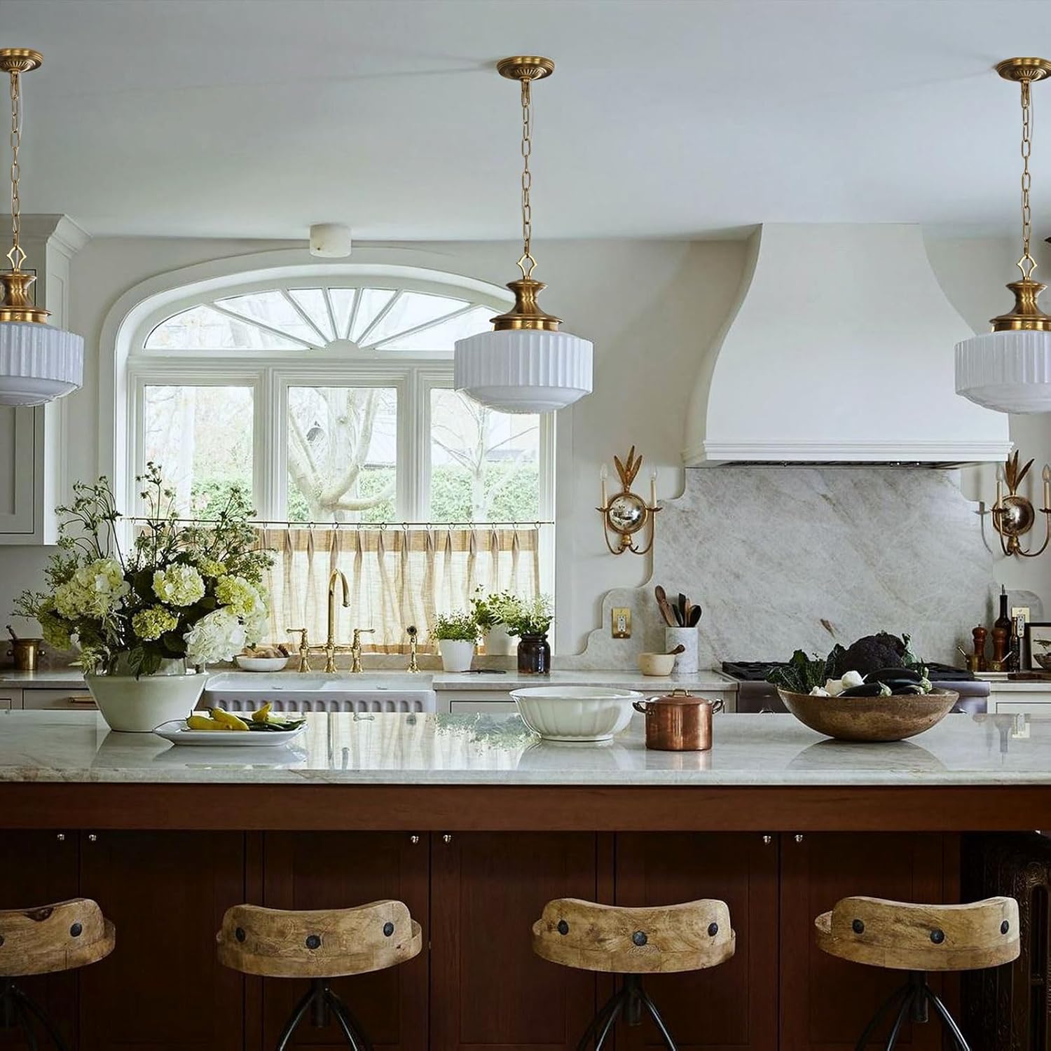 Vintage Brass Milk Glass Pendant Light Fixture, 13.8" White Pleated Glass Chandelier, Antique Pendant Lights, for Kitchen Island Lighting, Hallway, Bedroom, Dining Room, Foyer, E26 Bulb Included