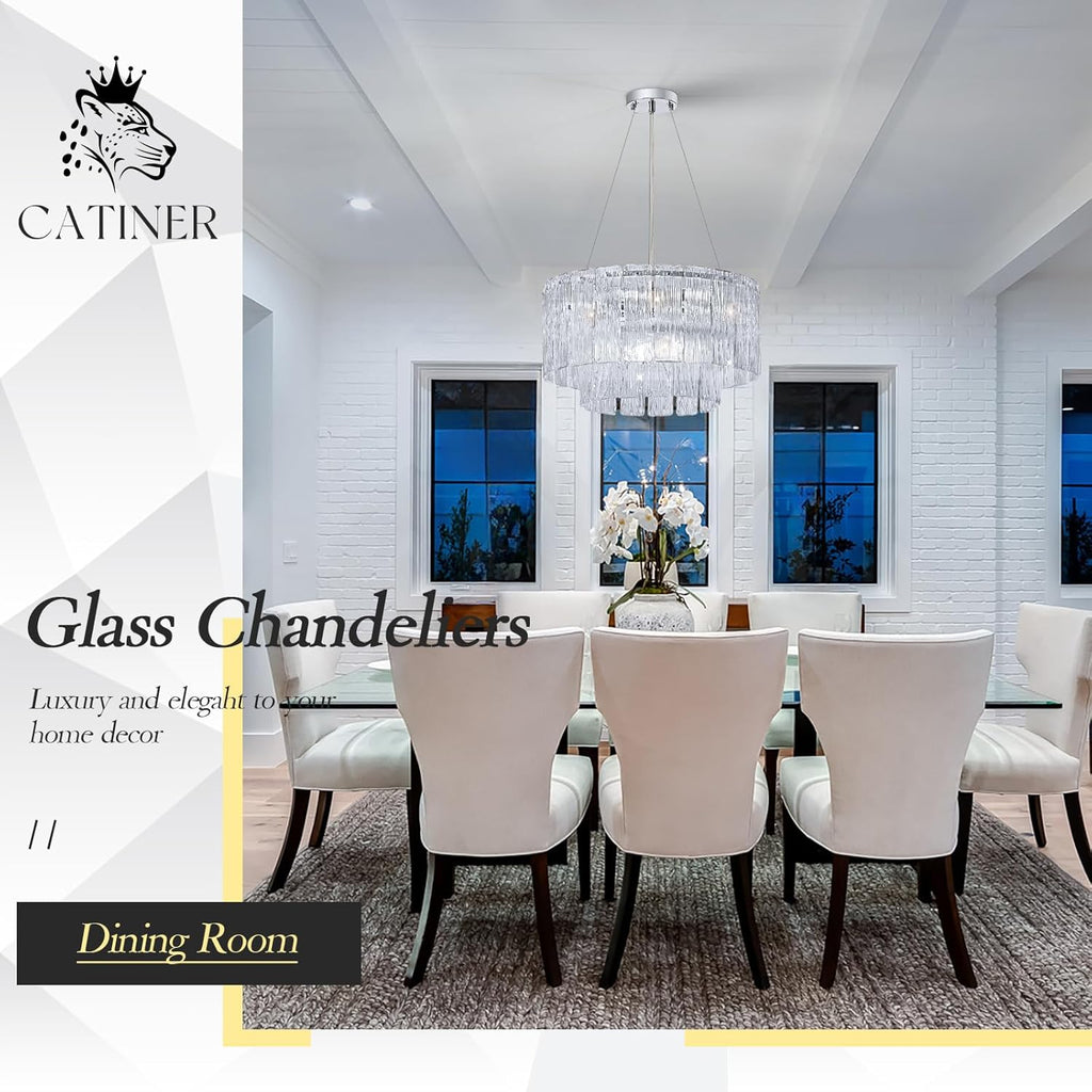 Modern Chrome Chandeliers, 20” 7-Light Crystal Glass Ceiling Pendant Light Fixtures Luxury Round Chandelier 2 Tiers Hanging Lighting for Dining Room Foyer Living Room Bedroom