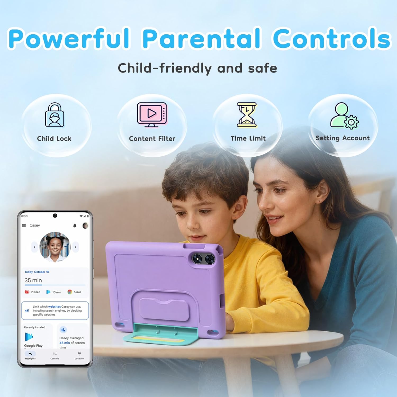 10 inch Kids Tablet, Android Tablet for Kids, 24GB RAM 64GB ROM, 1TB Expandable, with EVA Case, Parental Control, 6600mAh Battery, Dual Camera, BT5.4, WiFi 6, Gift (Purple)