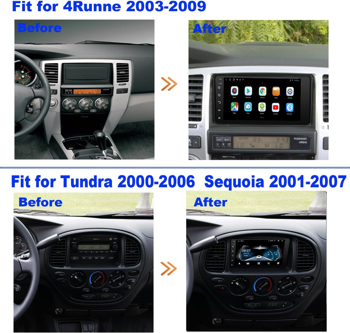 For Toyota Radio upgrade 4Runner 2003-2009 Tundra 2003-2006 Sequoia 2003-2007 Android Stereo replacement IPS touch screen steering wheel control build in wireless carplay Android Auto Free camera