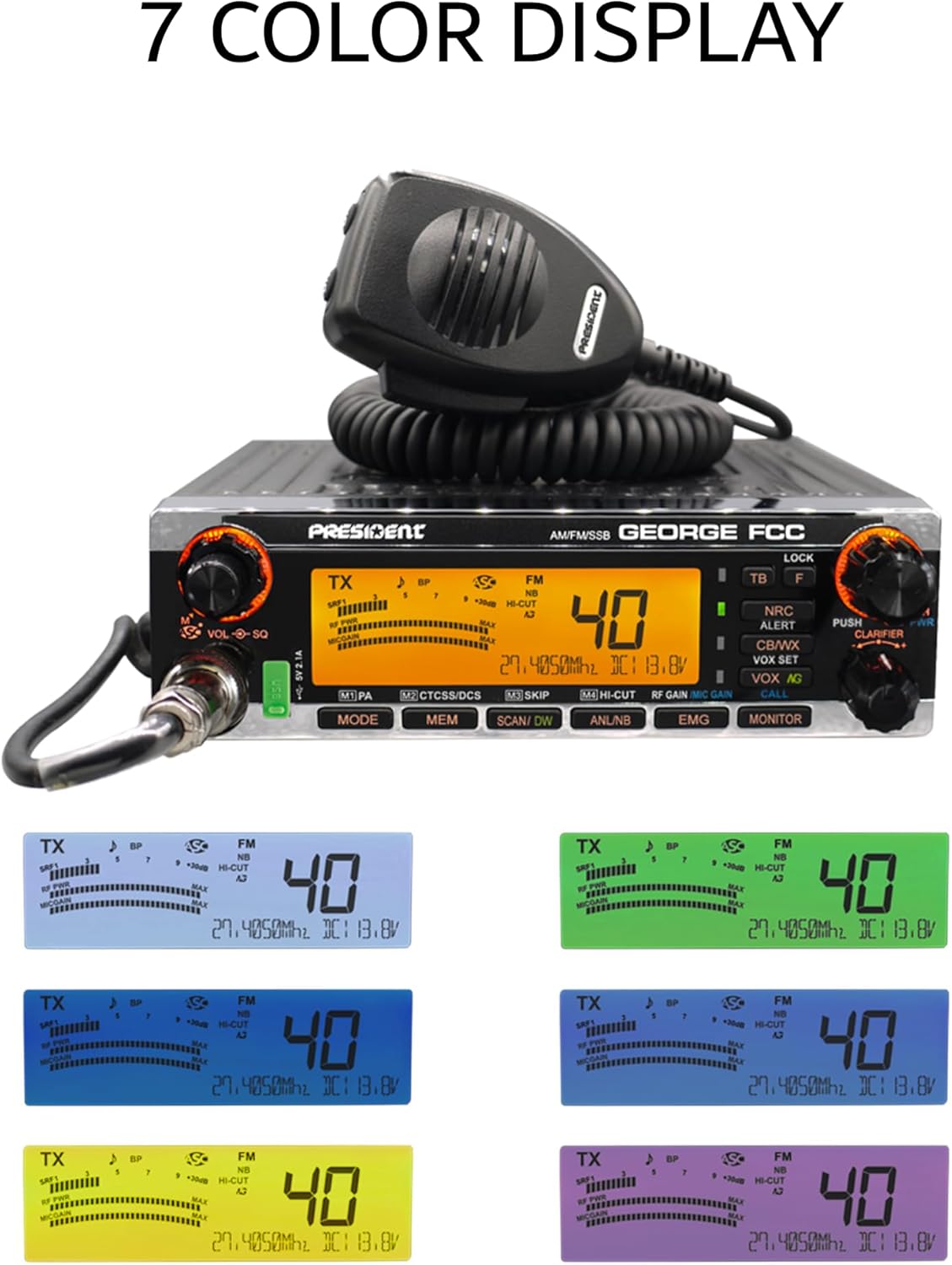George FCC AM/FM/SSB CB Radio with DIGIMIKE Microphone, CTCSS/DCS, Large 7 Color LCD Display, Weather Channel/Alert, ASC, VOX, Scan Skip, USB Port, NRC, Automatic SWR, PA, with Keychain