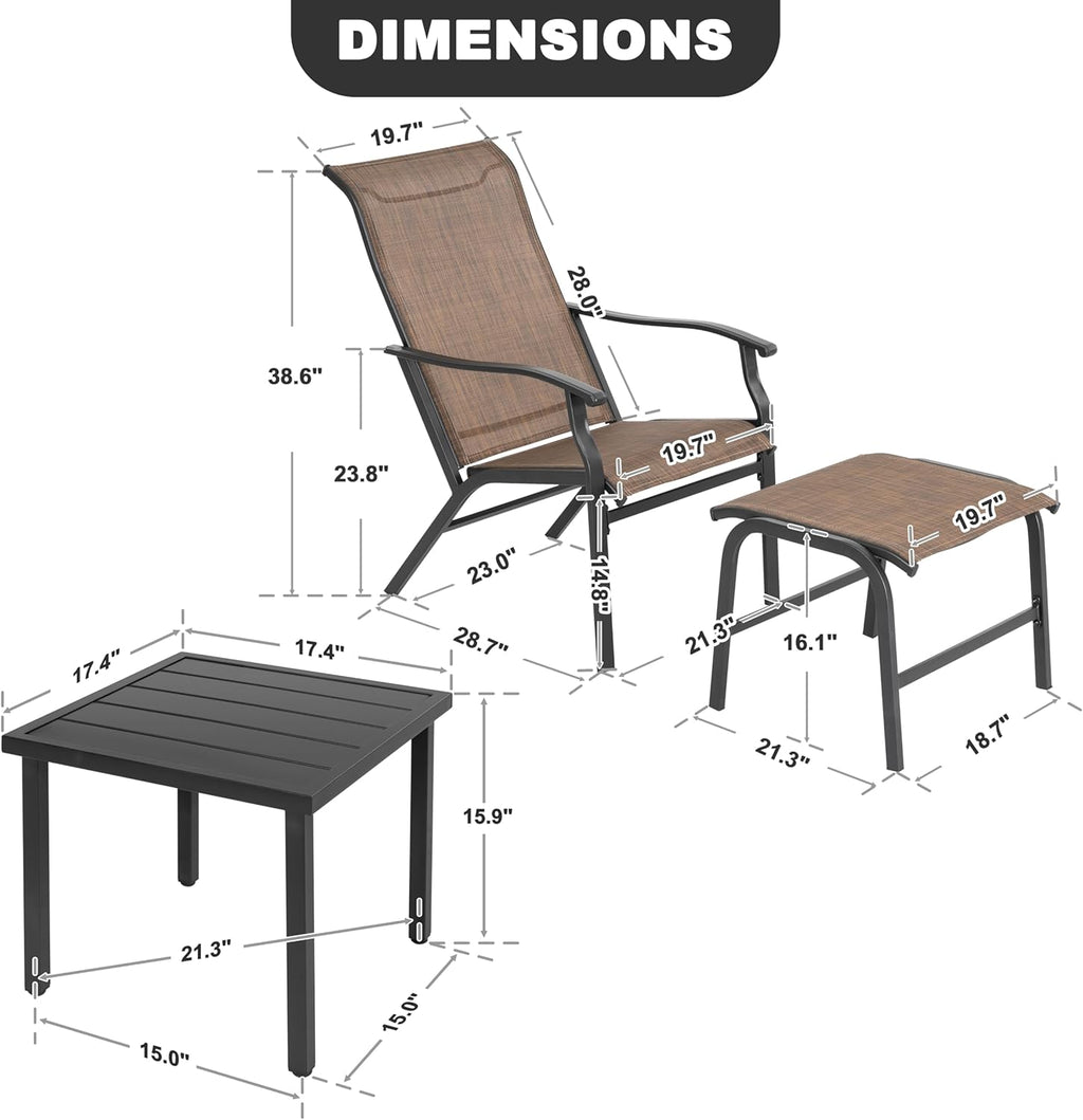 NUU GARDEN Patio Chaise Lounge Set of 3, 2 Textilene Patio Lounge Chairs with Ottoman and 1 Slatted Side Table, All-Weather Outdoor Set for Balcony Deck Yard Poolside, Black and Brown
