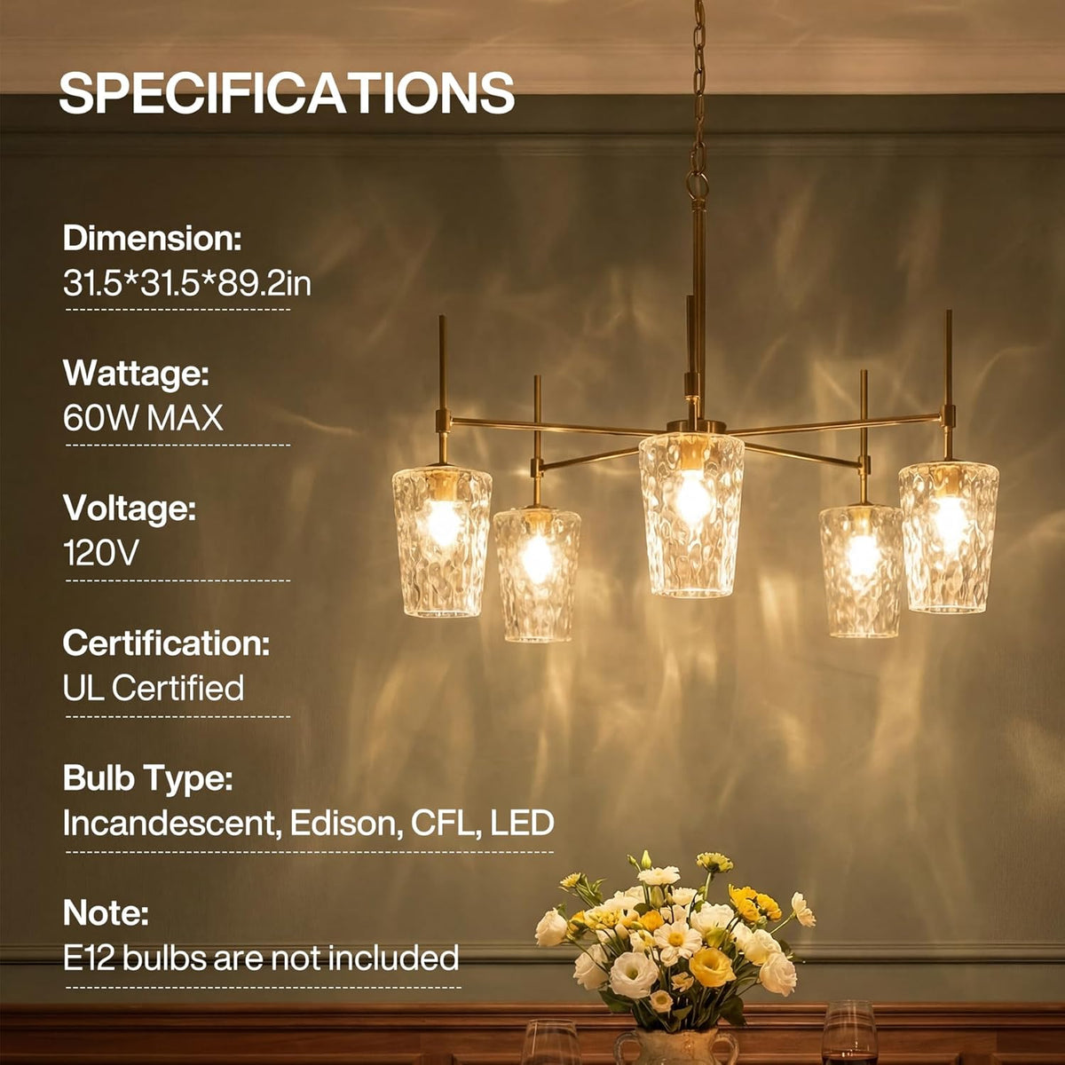 Tribesigns Modern Gold Chandelier with Water Ripple Wine Glass Shades, 5-Light Pendant Light with Adjustable Height for Dining Room, Kitchen Island, Living Room, E12 Base