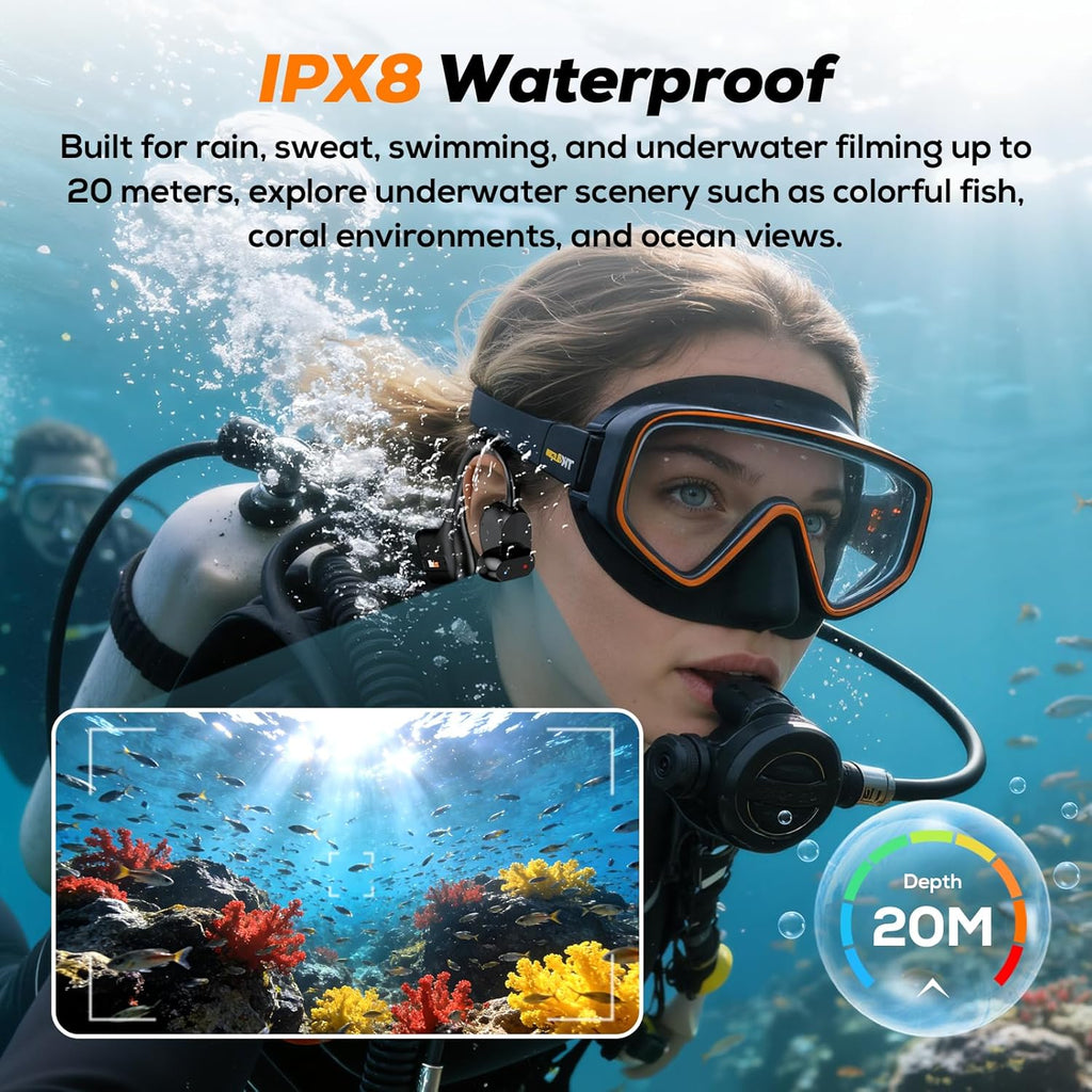 MusicCam World's 1st Bone Conduction Headphones with Camera, Hand-Free POV Camera Headphones, IP68 Water & Sweat Resistant, AI Functions, Open-Ear Bluetooth Wireless Sport Earphones with APP