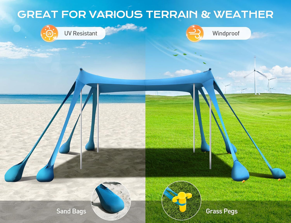 Rengue Beach Tent, Beach Canopy UPF50+ UV Protection, 10x10ft Beach Shade Sun Shelter with 8 Sandbags, Sand Shovels, Ground Pegs, Stability Poles for Camping, Fishing, Picnics, Backyard Fun, Sky Blue