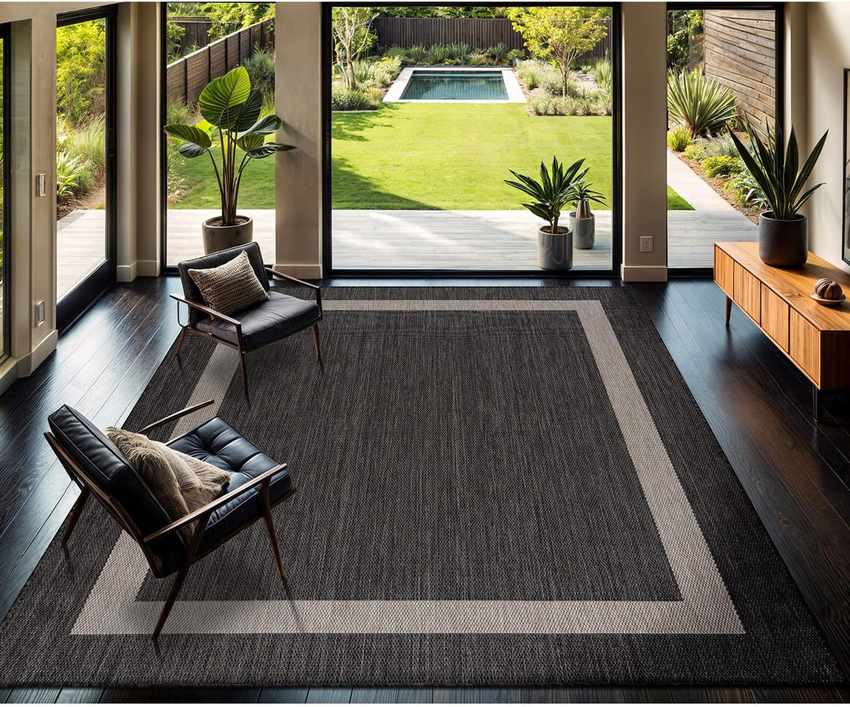 CAMILSON Outdoor Rug 9x12, Large Modern Outside Rugs for Patios Porches Waterproof Durable Washable Non-Shedding, Easy-to-Clean Indoor Outdoor Area Carpet (9 x 12, Bordered - Dark Gray/Light Gray)