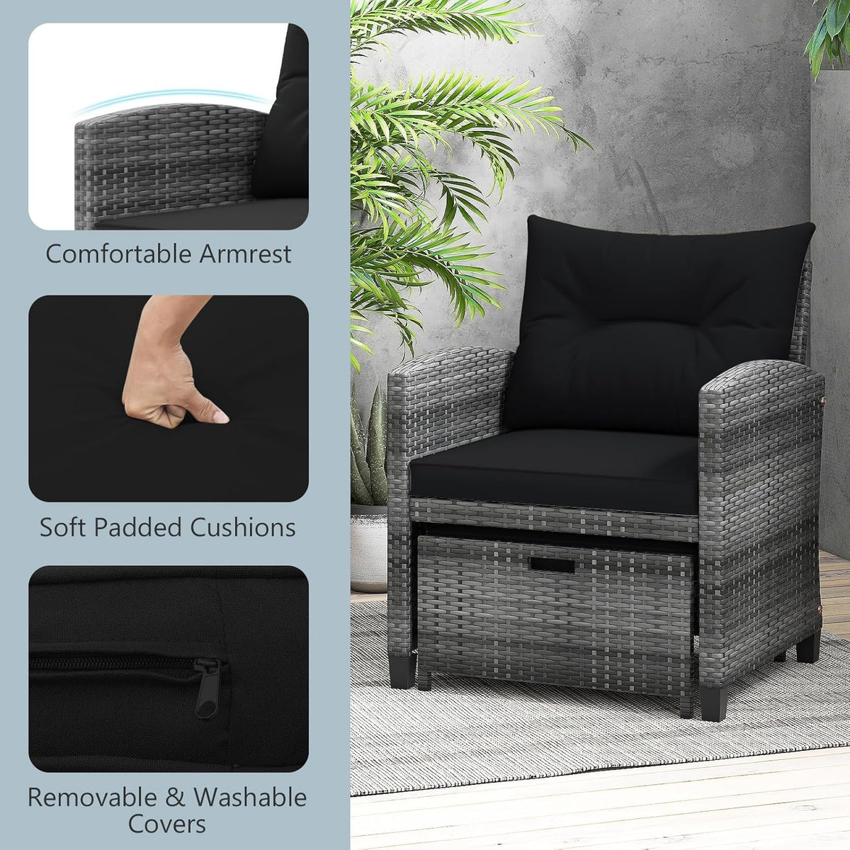 ORALNER 5 Pieces Patio Furniture Set with Ottoman, Wicker Conversation Set w/Cushions, Glass Coffee Table, Outdoor Lounger Rattan Chairs Bistro Set for Porch Balcony Garden Deck Poolside (Black)