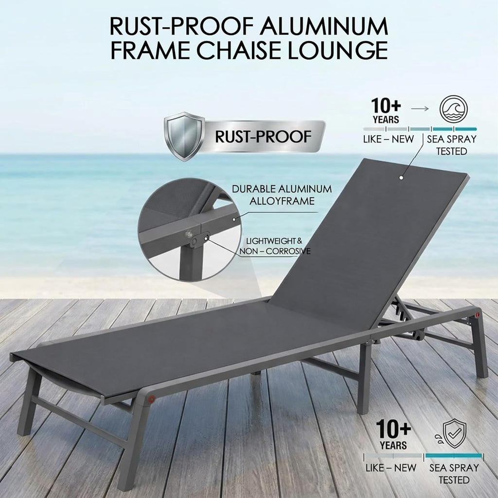 Kozyard 3-Pieces Patio Lounge Set, 2 Foldable Adjustable Lounge Chairs and Side Table, Aluminum Frame, Breathable Textilene Fabric, Assemble-Free, Reclining to Flat for Pool, Beach (Gray)