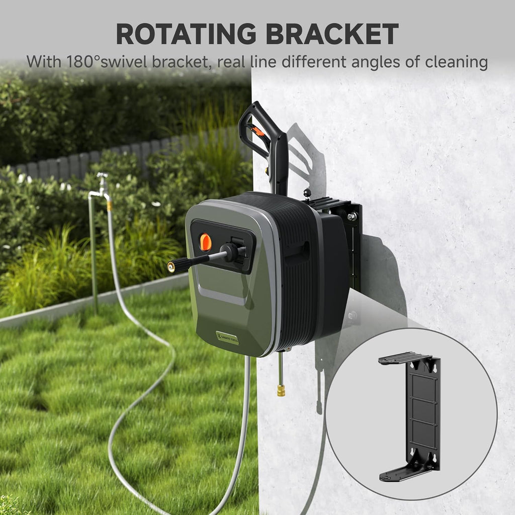 Giraffe Tools Grandfalls Retractable Pressure Washer G20, 2500 PSI 2.2 GPM, Wall Mounted with 65FT Hose Reel, 4 Nozzles for Floor/Cars/Fences/Patios, Dark Silver Case with Grey Pressure Hoses