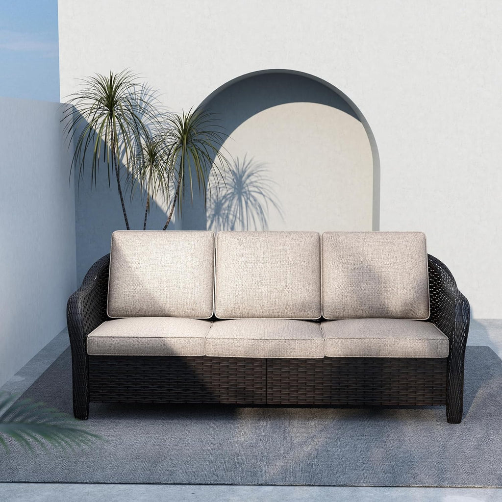78" Wicker 3-seat Sofa, Outdoor Conversation Furniture, All-Weather Rattan Couch, Steel Frame Couch with Cushions for Garden, Poolside, Porch (Beige)