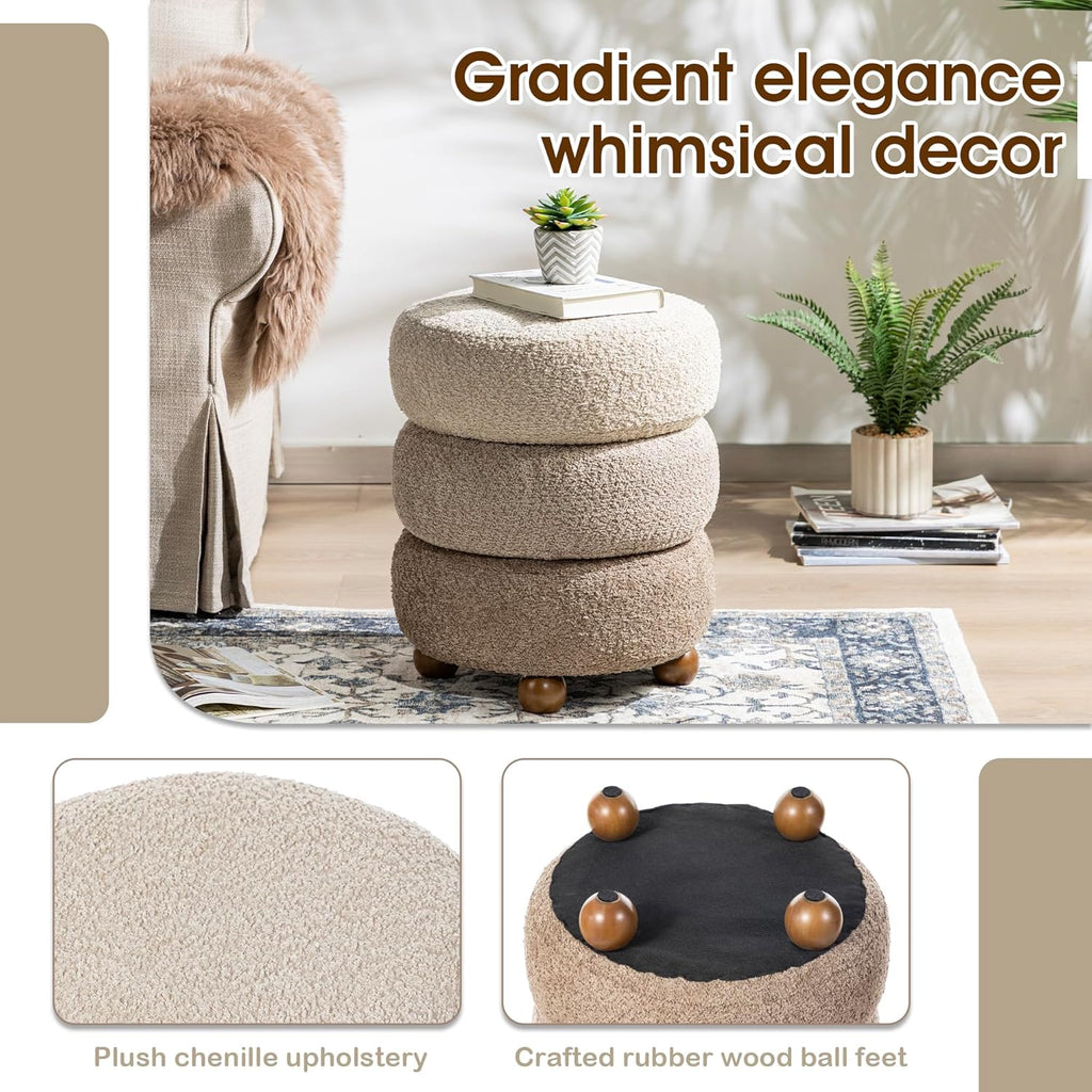 Glitzhome Round Ottoman with Storage, Small Foot Stool, Modern Accent Stool Upholstered Vanity Stool with Rubberwood Ball Feet for Bedroom Living Room Dorm Room, Gradient Brown