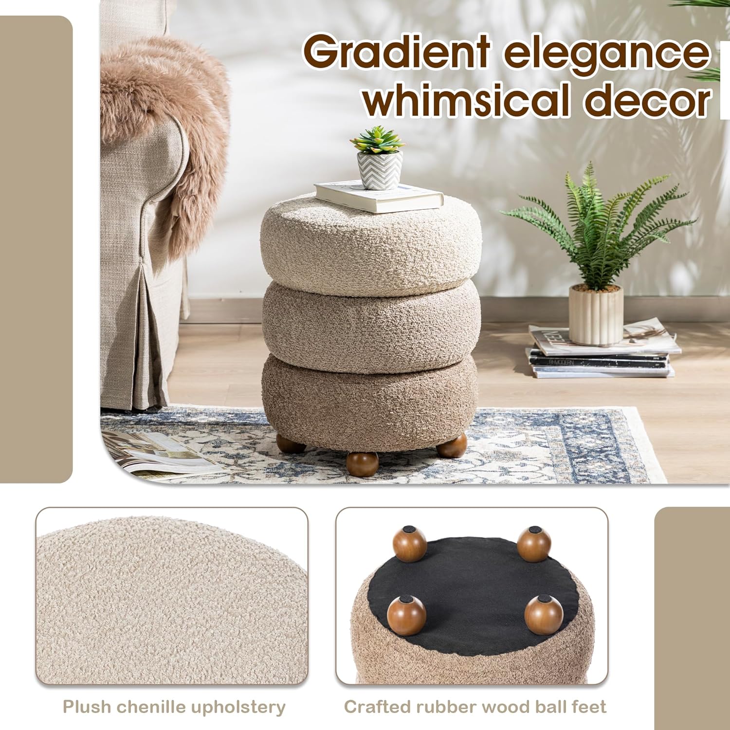 Glitzhome Round Ottoman with Storage, Small Foot Stool, Modern Accent Stool Upholstered Vanity Stool with Rubberwood Ball Feet for Bedroom Living Room Dorm Room, Gradient Brown