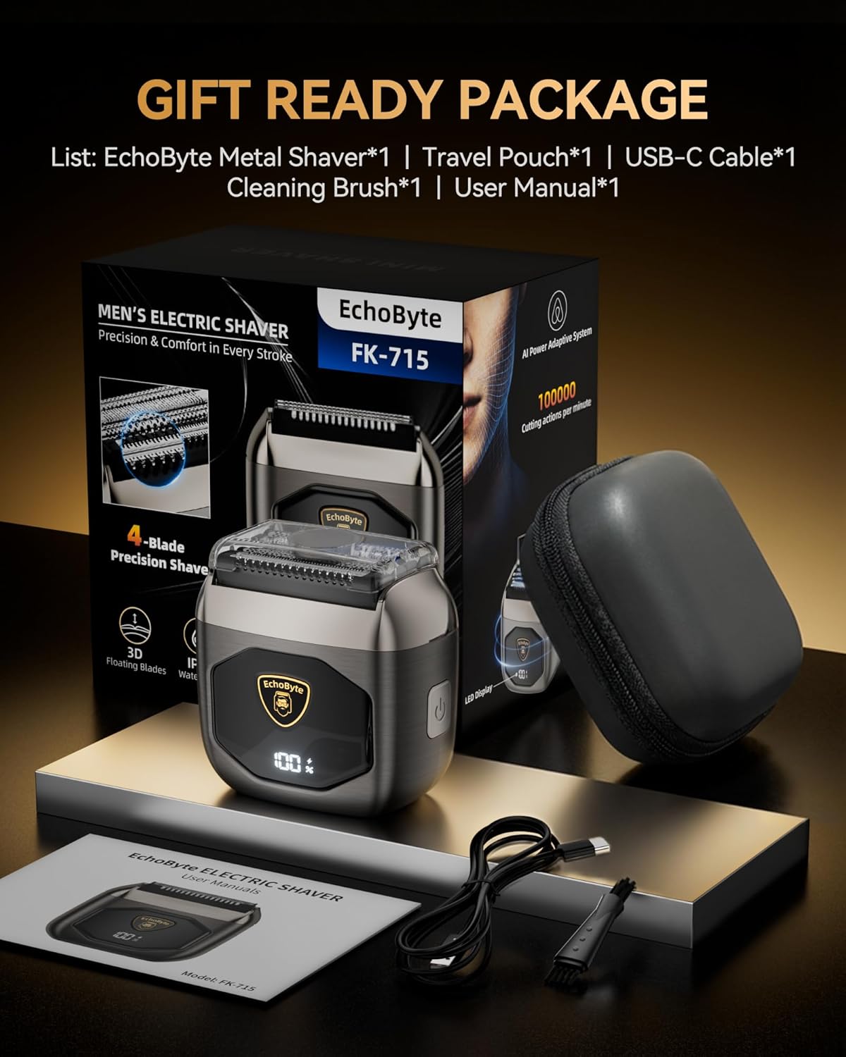Full Metal Electric Foil Shaver for Men: 4 Floating Blades, IPX7 Waterproof Wet & Dry Mini Razor, 120-Min Runtime USB-C Rechargeable, Quiet Travel Groomer with LED Display & Travel Lock