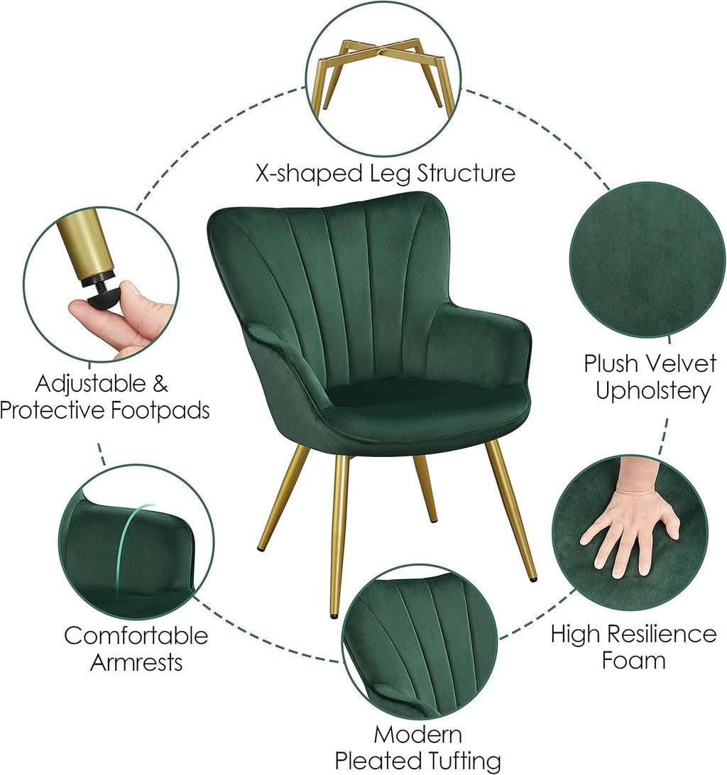 Yaheetech Velvet Accent Chair, Modern Armchair with Wing Side and Metal Legs, Cozy and Soft Padded and High Back for Living Room/Home Office/Bedroom, Set of 2, Green