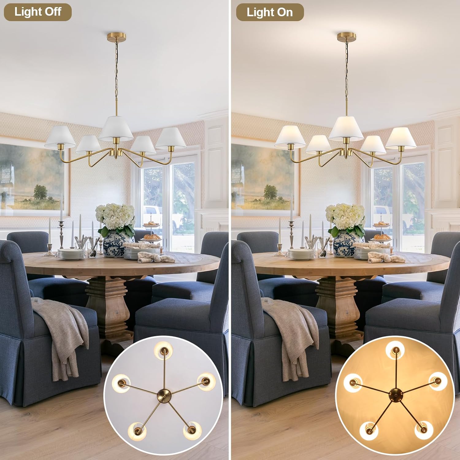 5-Light Gold Chandelier, 31.5" Brass Modern Chandeliers with White Fabric Shade, Classic Farmhouse Ceiling Light Fixture, Adjustable Pendant Light for Kitchen Living Room Dining Room Bedroom Entryway