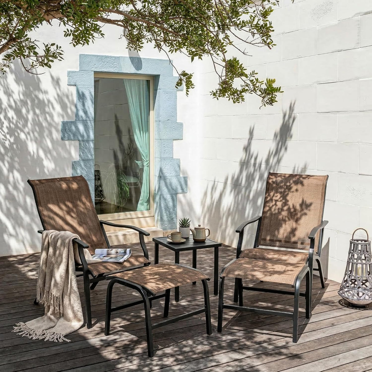 NUU GARDEN Patio Chaise Lounge Set of 3, 2 Textilene Patio Lounge Chairs with Ottoman and 1 Slatted Side Table, All-Weather Outdoor Set for Balcony Deck Yard Poolside, Black and Brown