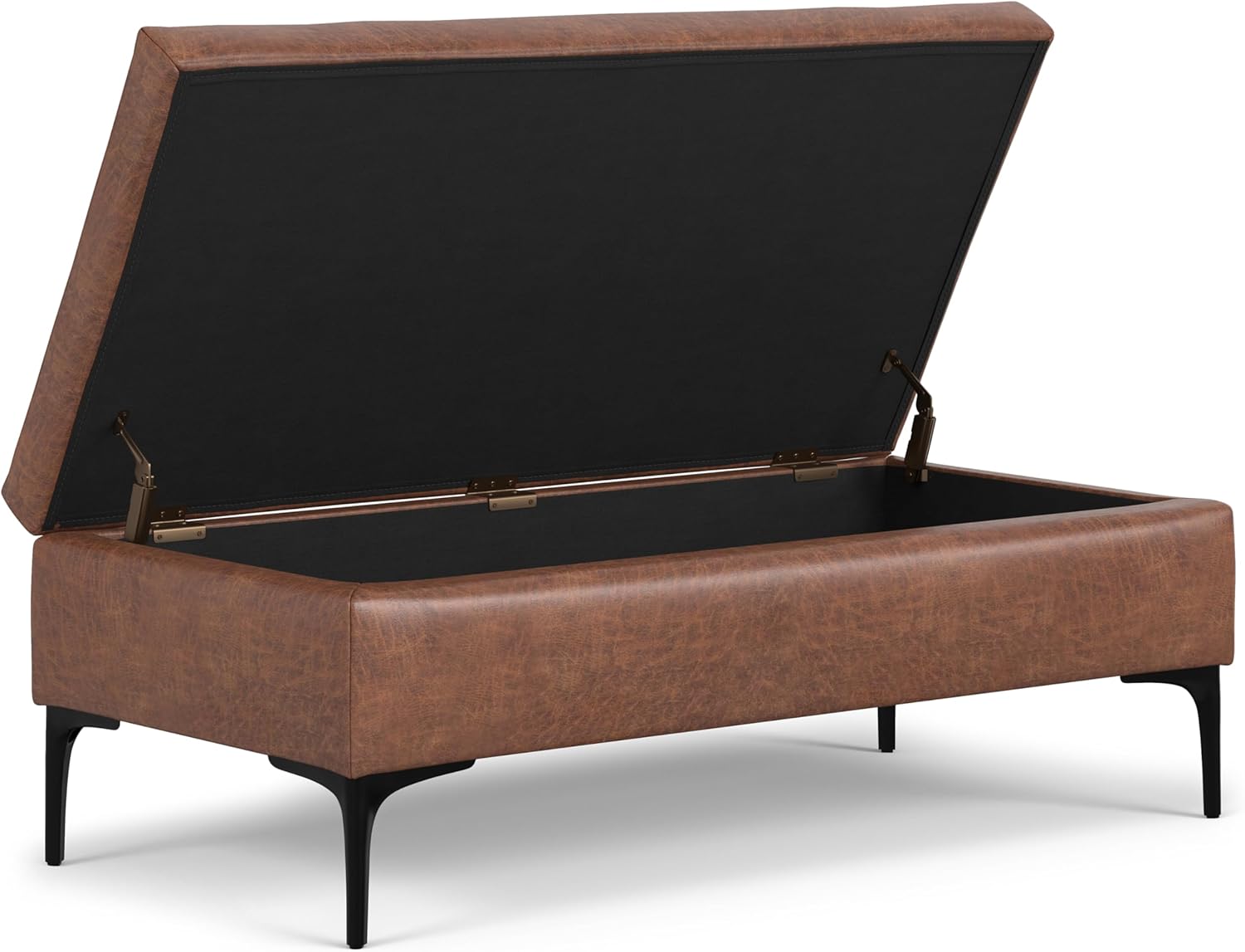 SIMPLIHOME Rebecca Storage Ottoman - 48 inch Wide Upholstered Vegan Leather Coffee Table Ottoman in Distressed Saddle Brown, Mid-Century Modern Lift-Top Storage for Living Room with Safety Hinges
