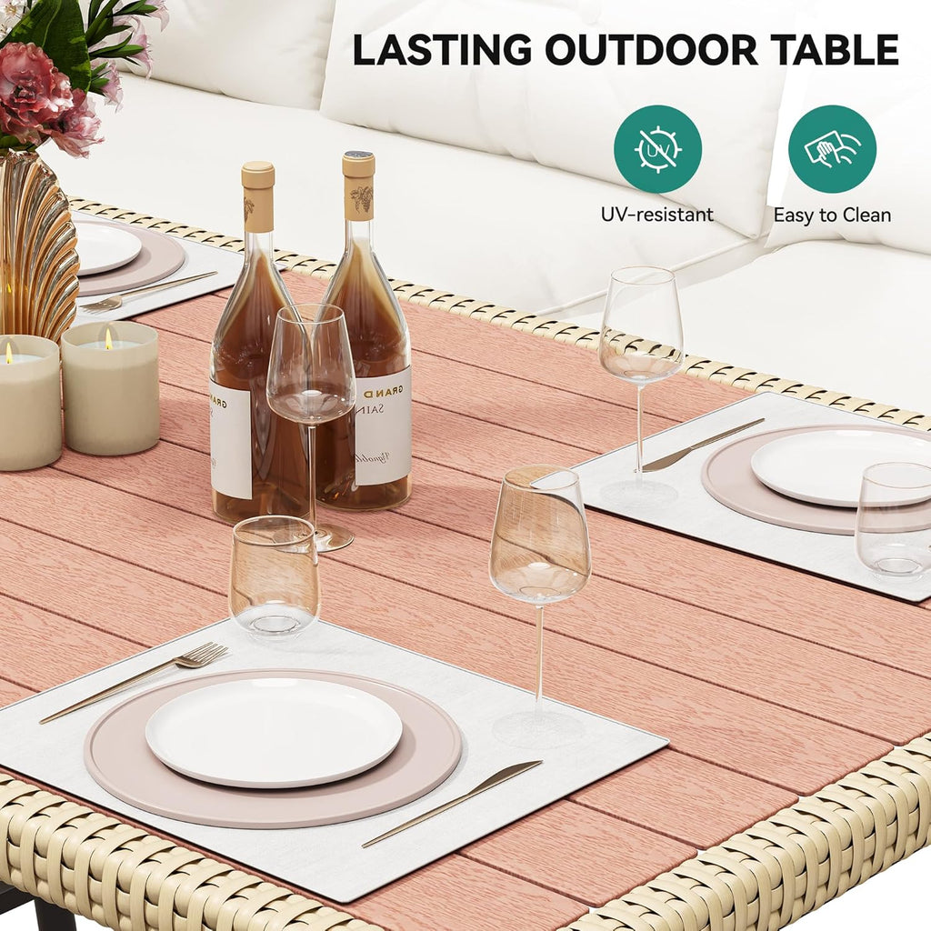 YITAHOME Patio Wicker L-Shaped Furniture Set, All-Weather Rattan Outdoor Conversation Sofa Set for Backyard Deck with Soft Cushions,Ottomans and Plastic Wood Dining Table (Light Brown+Beige)