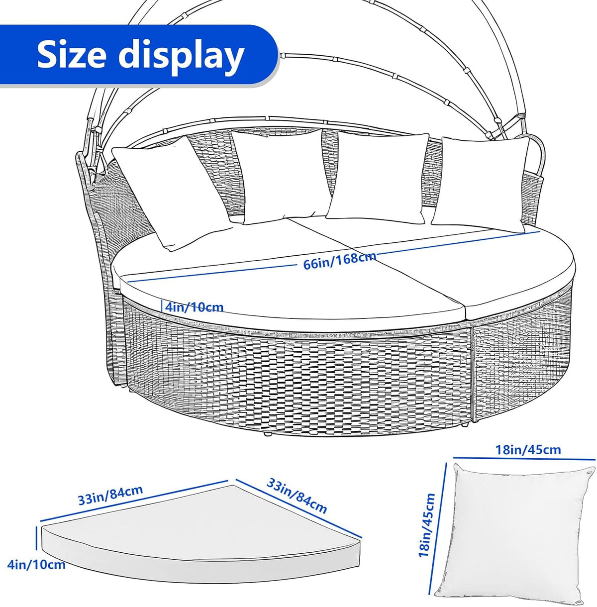 4PC Outdoor Round Daybed Cushion Cover with Zipper & Anti-Slip Particles,Circle Sun Island Sunbed Mattress Covers Waterproof,Patio Day Bed Cushions Slipcover ONLY COVER (White, 66*66*4inch)