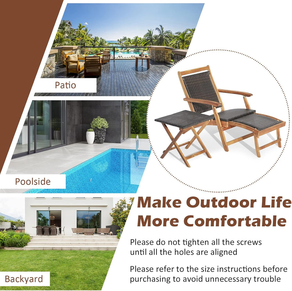 Tangkula Patio Lounge Chair and Side Table Set of 2, Acacia Wood Wicker Folding Table and Armrest Chair with Retractable Ottoman, Acacia Wood Outdoor Chaise Lounger for Garden, Backyard, Poolside (2)
