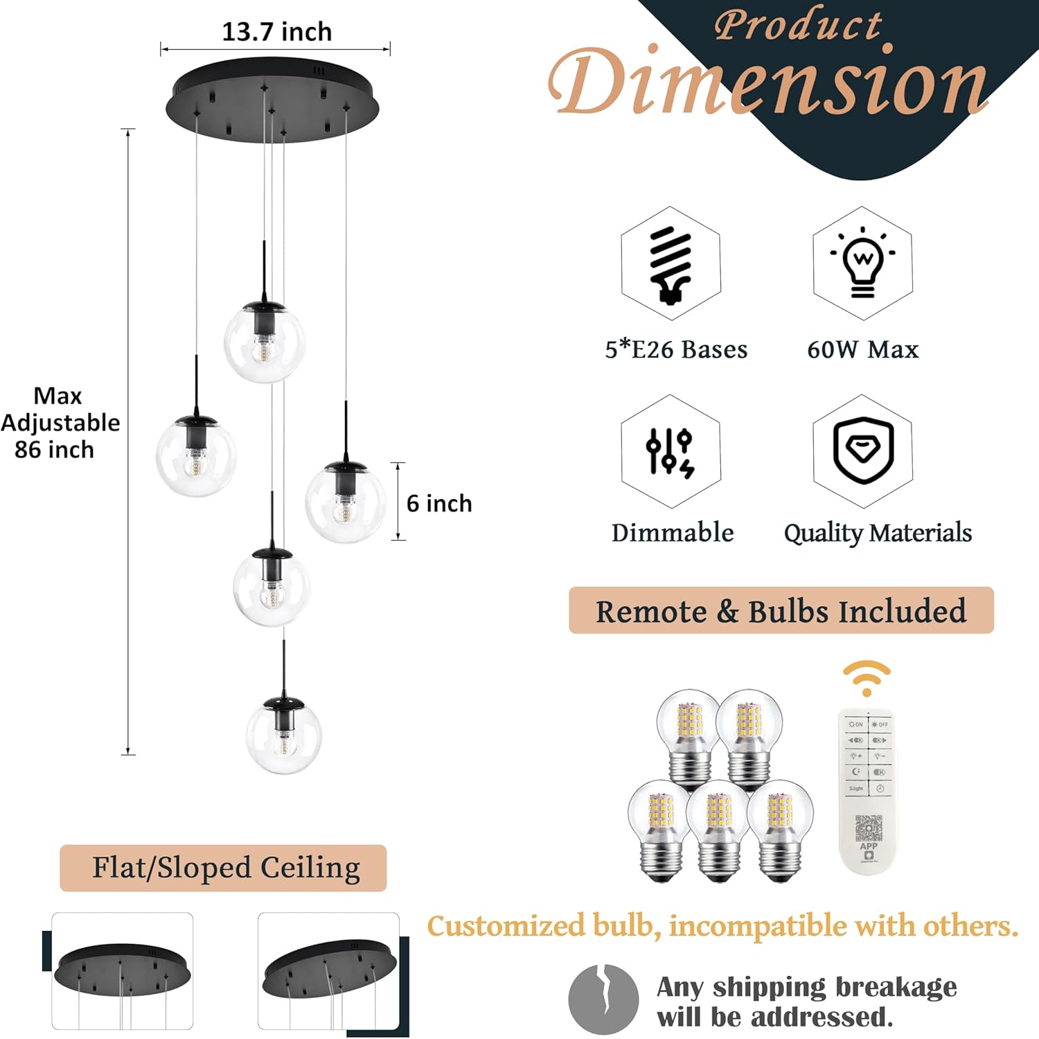 KoKo&Yukina 5-Light Black Clear Globe Glass Chandelier Globe Glass Pendant Light Adjustable Length Pendant Lights Modern High Ceiling Lights Fixtures for Foyer Staircase Entryway (Bulb & Remote Incl)
