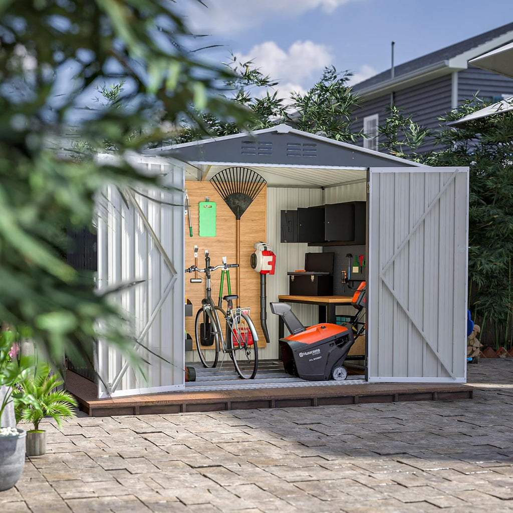 8x6 FT Outdoor Metal Storage Shed, Gray, with Floor Foundation, Lockable Hinged Doors, Air Vents, for Backyard and Lawn